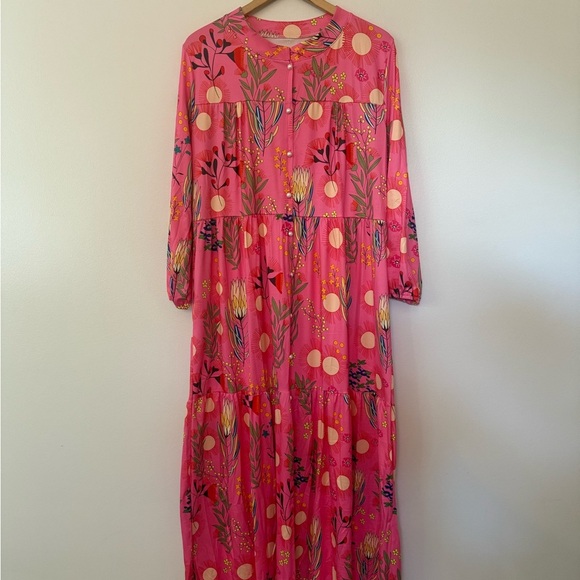 NEW Tiered Boho Maxi Dress with Pockets Fuschia Floral Long Sleeves - Picture 3 of 12